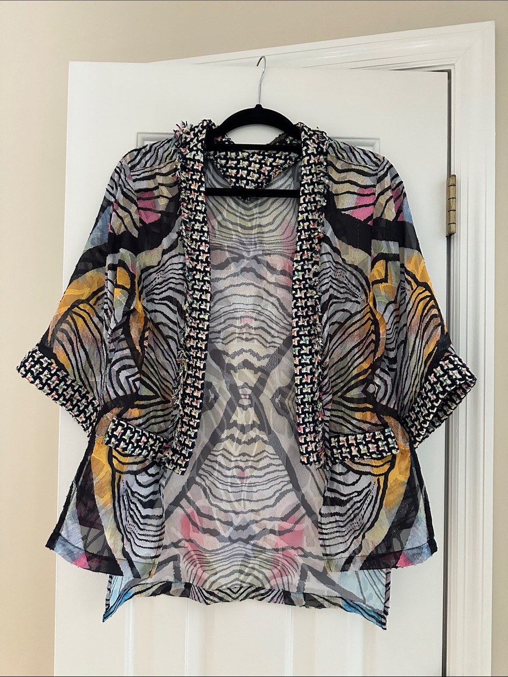 Alberto Mikali Sheer Multicolor Print Open Jacket Komono